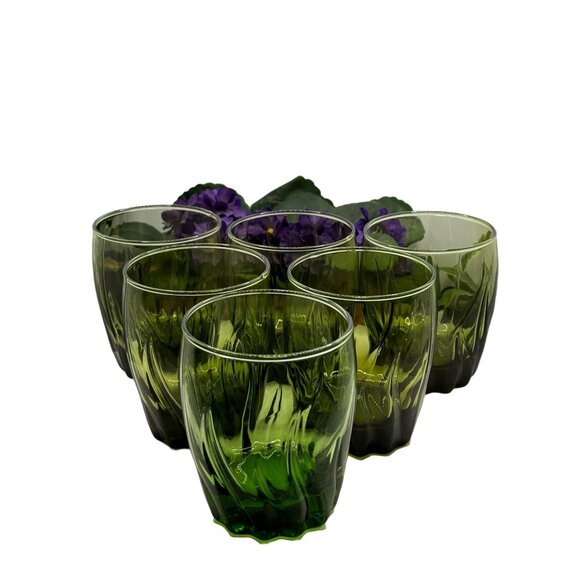 Vintage Anchor Hocking Central Park Ivy Green Swirl Lowball Juice Glasses 4” Set - Picture 1 of 5
